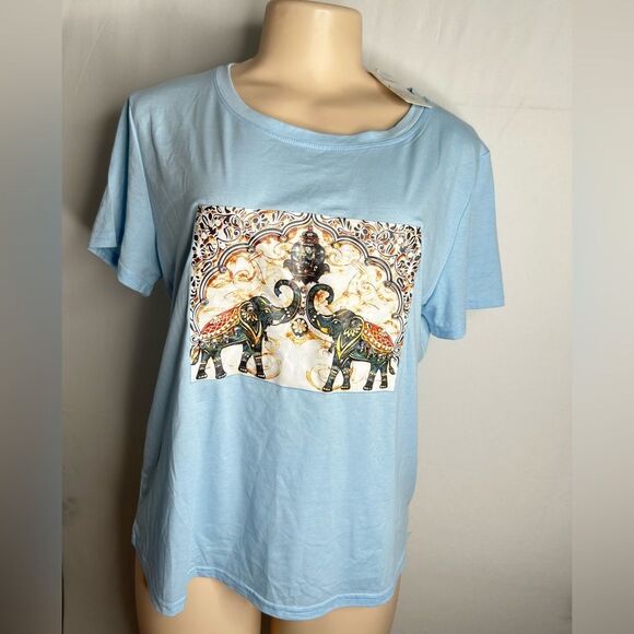 Azazie Tops - NWT AZ Elephants Designs Women’s Short Sleeve Blue T-shirt . Size L/XL.